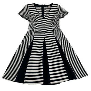 Banana Republic A-Line Dress Women's 2 Black White Stripes Short Sleeve Pleated
